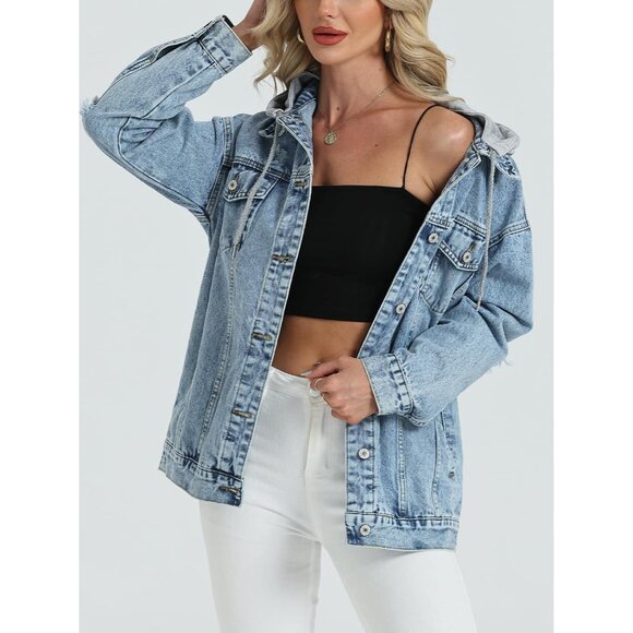Women’s Oversized Denim Jacket Hood Ripped Distressed Casual Street Wear - Picture 2 of 7